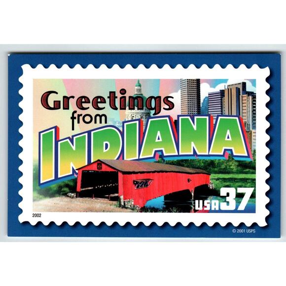 Greetings From Indiana Large Letter Chrome Postcard USPS 2001 Covered Bridge - Picture 1 of 2